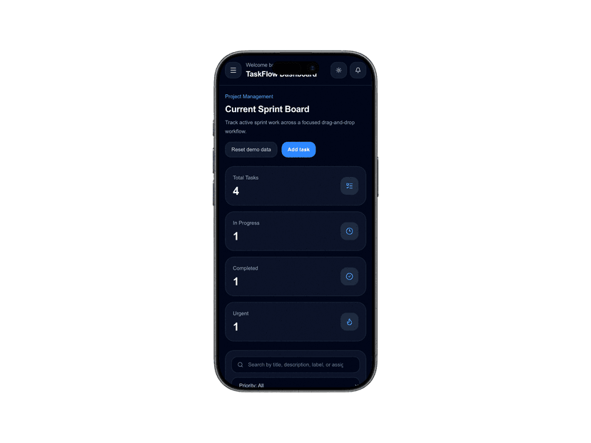 TaskFlow mobile dark mockup